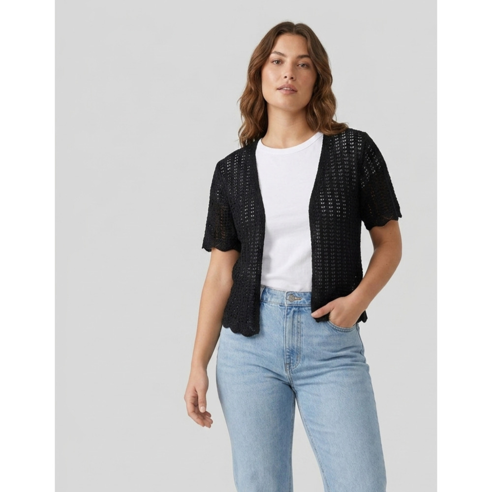 Unbranded Crochet Boho Open Knit Scalloped Short Sleeve Cardigan Black Large